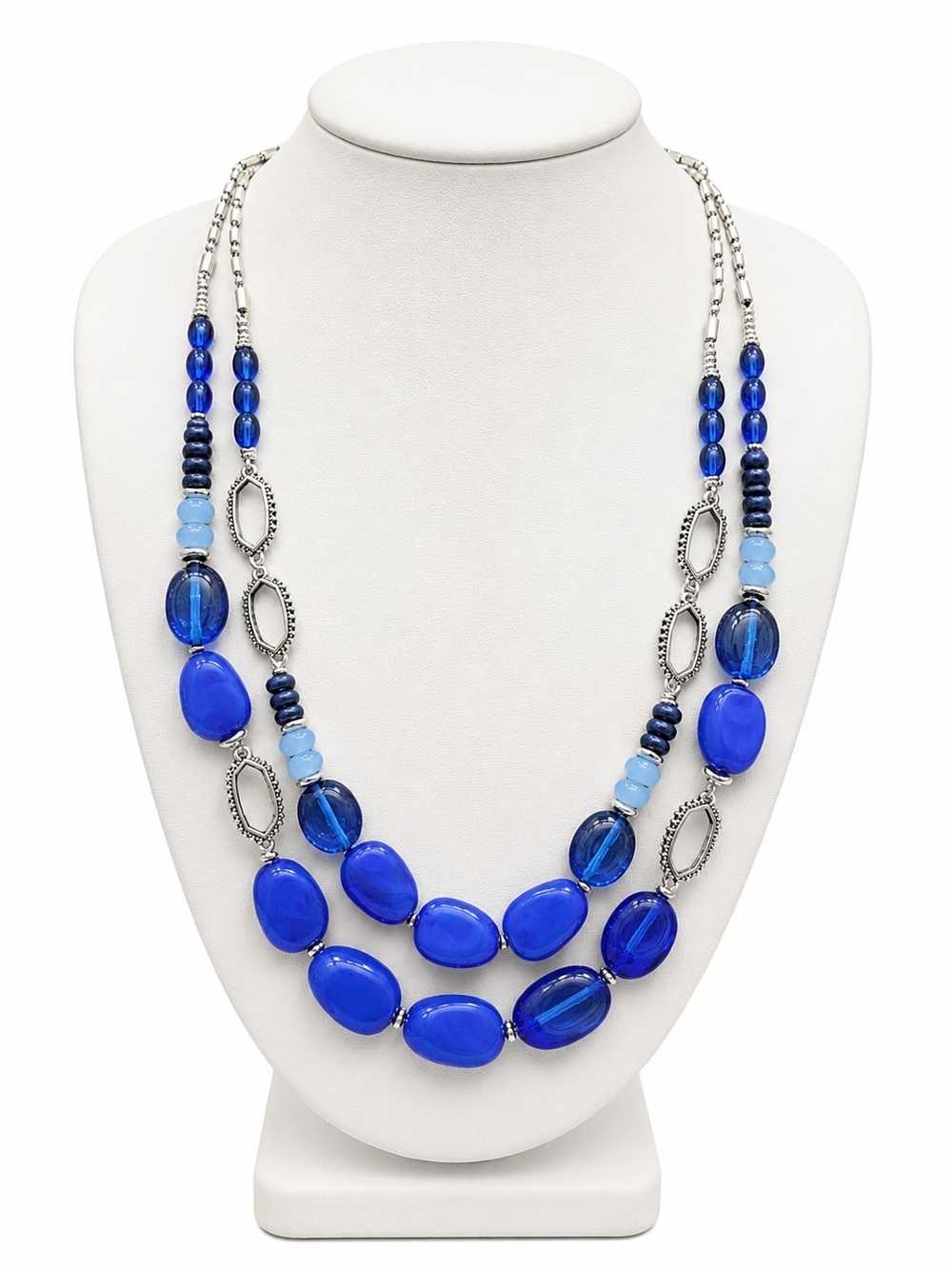 NWT Ruby Rd Blue Silver Multi Strand Beaded Statement Necklace Boho Chic